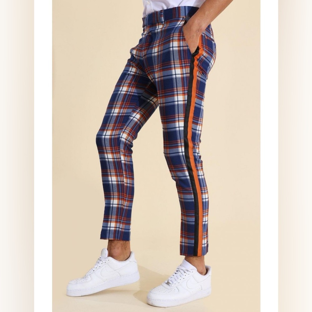 NWT Boohoo Man Super Skinny Check Taped Tailored Trouser Blue Size 36S